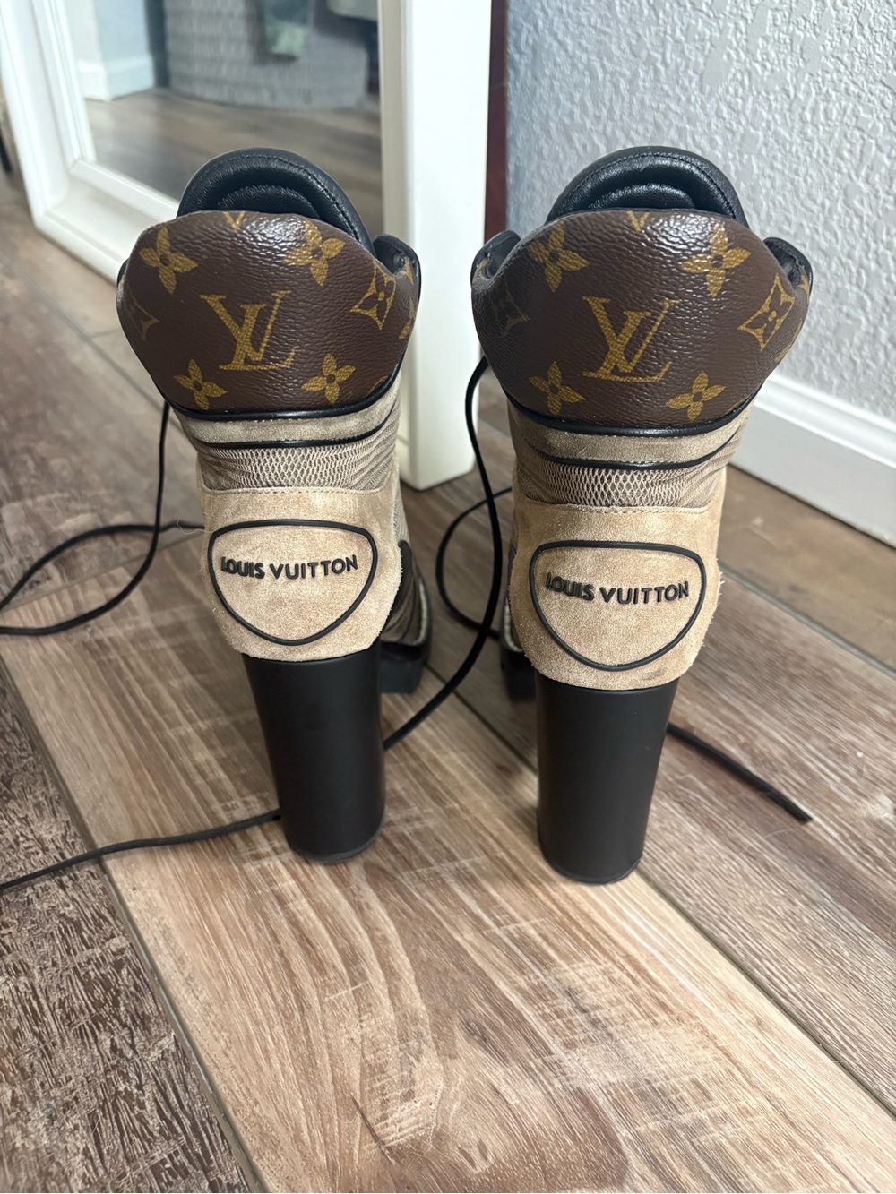 Louis Vuitton Brown Monogram & Beige Suede Lace-Up Heels